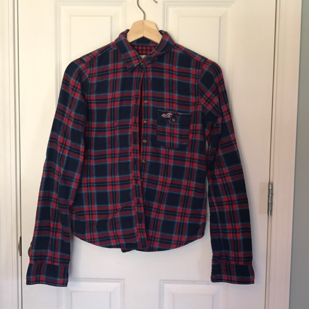 plaid, button-down, long sleeved Hollister top